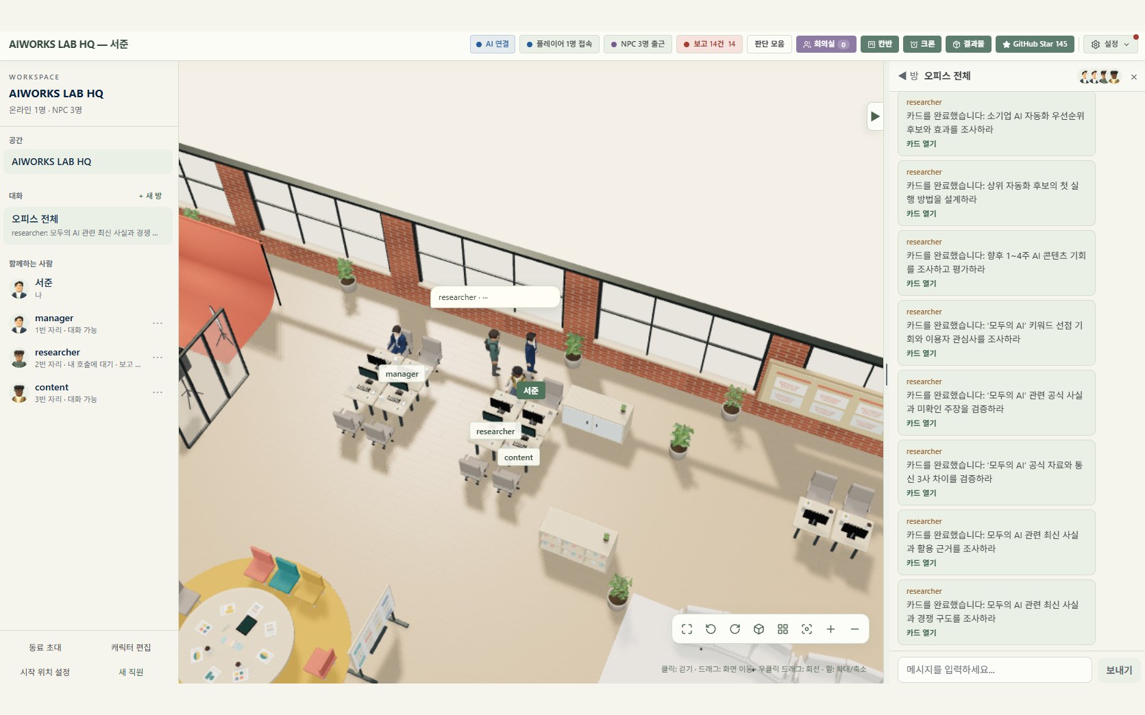 manager·researcher·content 역할의 AI 직원이 배치된 AIWorks LAB HQ 가상 오피스 화면