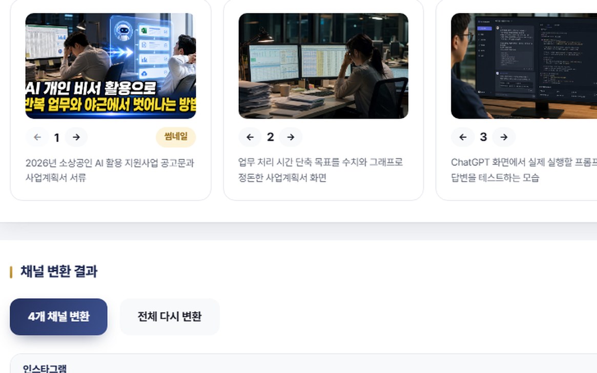 블로그 원고와 이미지에서 인스타그램 등 4개 채널 콘텐츠로 변환하는 OSMU 채널 변환 화면